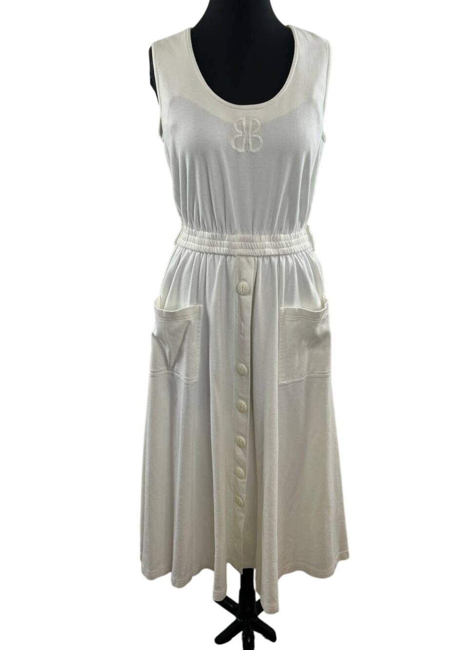 VINTAGE Bill Blass Knit VTG White Button Sleeveless A-Line Casual Midi Dress L
